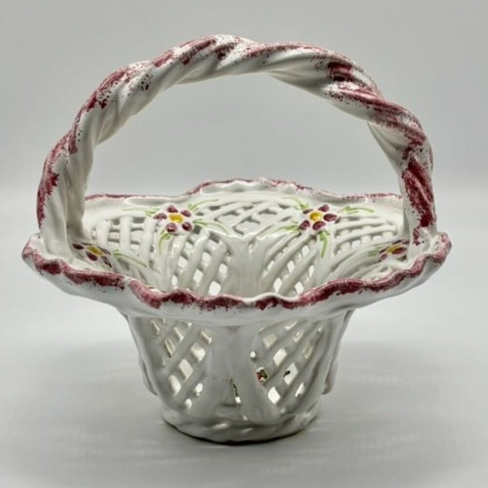 Berardos Portugal Artisan-Made Ceramic Lattice Basket, Signed and Numbered #2042